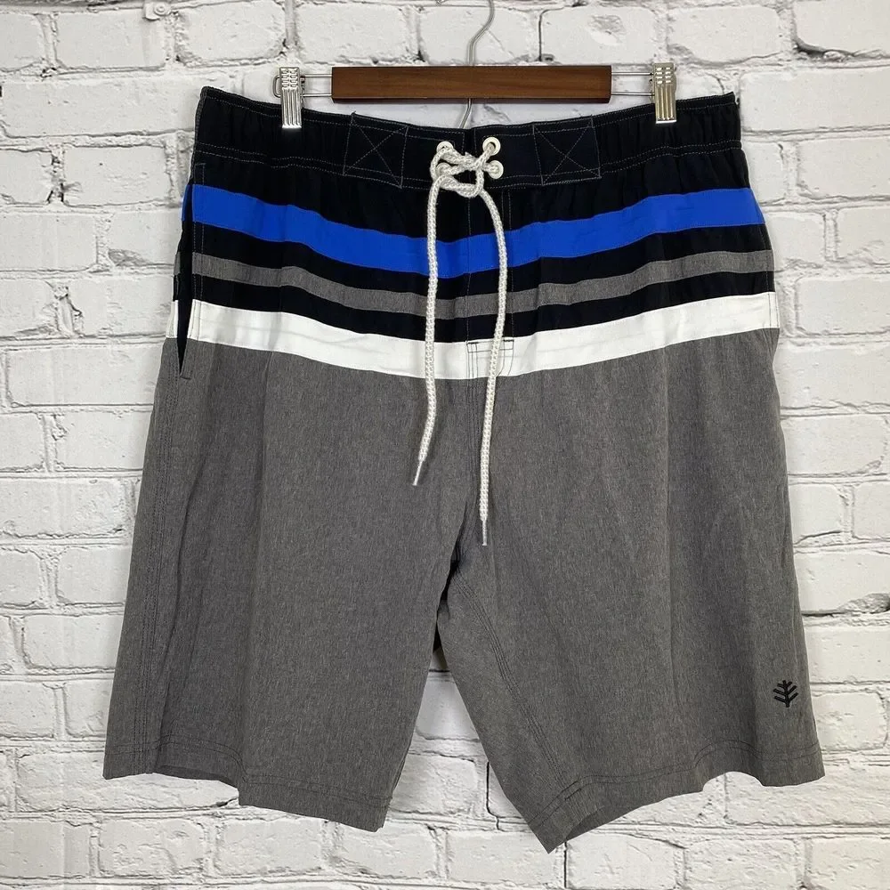 Coolibar Mens Island Swim Trunks Size Large Gray UPF 50+ Mesh Lined Striped 10